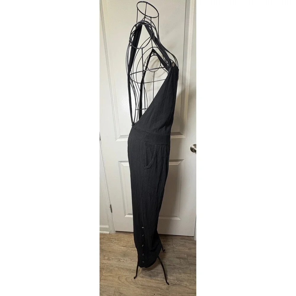 Unbranded Black Bib Jumpsuit Wide Leg Cotton Blend Button Detail Small - Picture 3 of 5